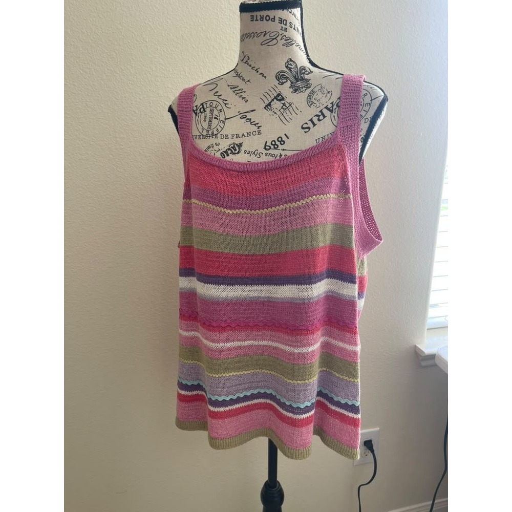 Sigrid Olsen Sport Pink Striped Knit Tank Top Ric Rac Trim Plus Size 2X
